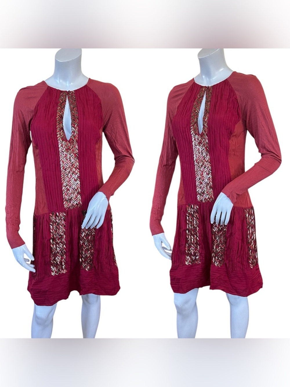 ANTIK BATIK Red Long Sleeve Keyhole Neck Sequin Boho Dress Size Small